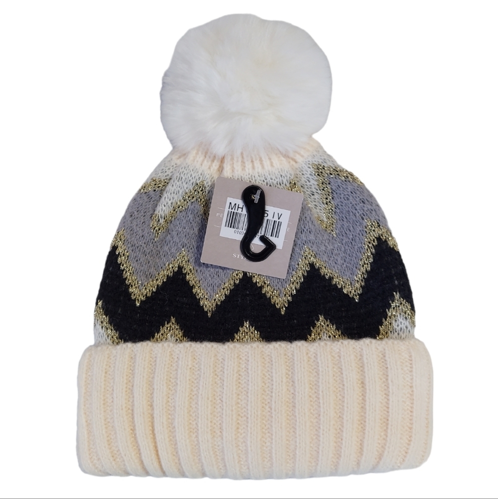 Knit Beanie Hat Ivory Womens Winter Hat Pom Pom Zigzag Print New